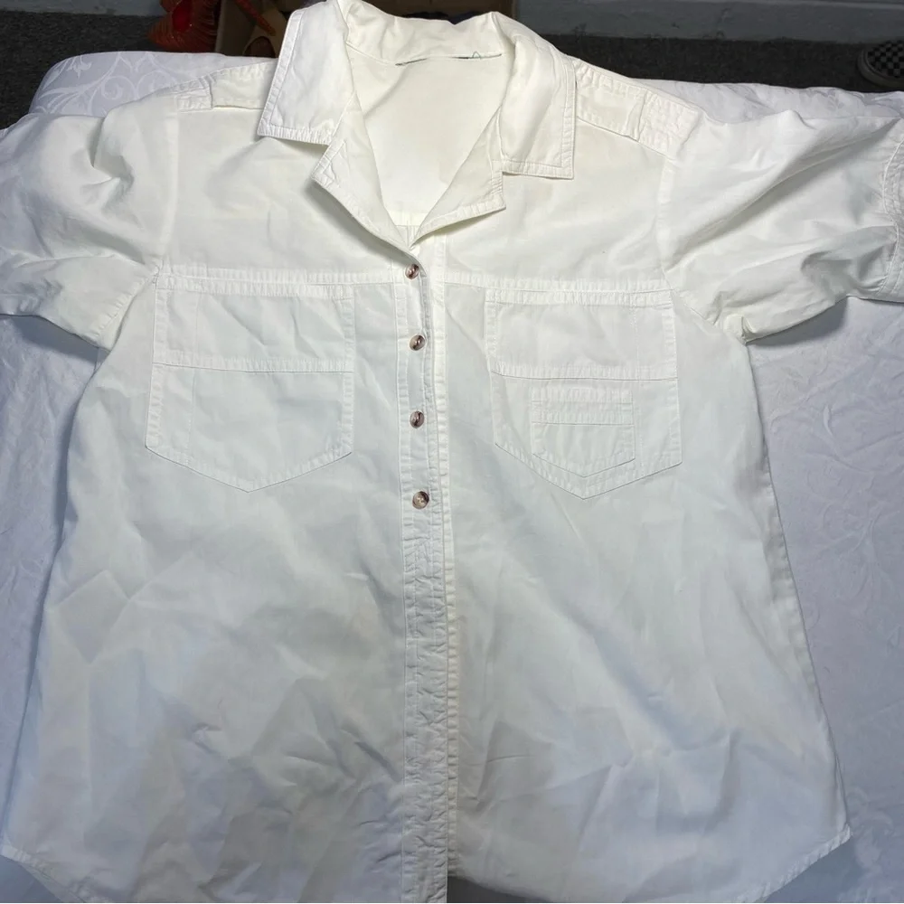 Designer Button Up Casual Cargo Dress Shirt White Short Sleeve No Show Buttons - Picture 7 of 12